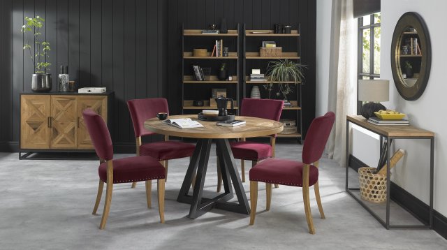 Bentley Designs Indus Rustic Oak 4 Seater Dining Set & 4 Rustic Uph Chairs- Crimson Velvet Fabric- feature