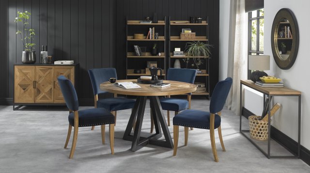 Bentley Designs Indus Rustic Oak 4 Seater Dining Set & 4 Rustic Uph Chairs- Dark Blue Velvet Fabric- feature