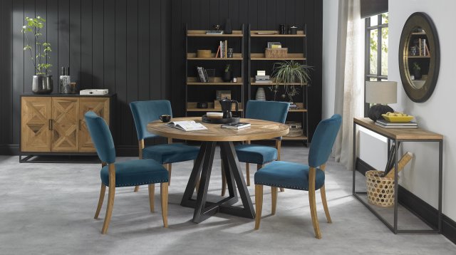 Bentley Designs Indus Rustic Oak 4 Seater Dining Set & 4 Rustic Uph Chairs- Sea Green Velvet Fabric- feature