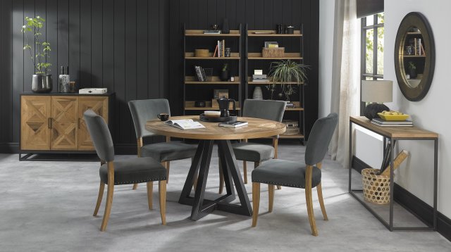 Bentley Designs Indus Rustic Oak 4 Seater Dining Set & 4 Rustic Uph Chairs- Gun Metal Velvet Fabric- feature