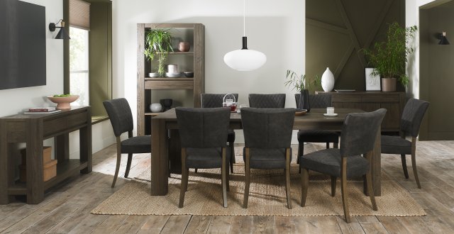 Bentley Designs Logan Fumed Oak 6-8 Seater Dining Set & 8 Uph Chairs- Dark Grey Fabric- feature