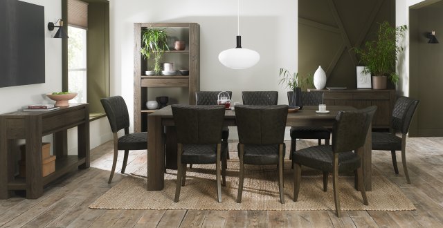 Bentley Designs Logan Fumed Oak 6-8 Seater Dining Set & 8 Uph Chairs- Old West Vintage- feature