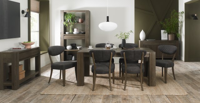 Bentley Designs Logan & Ellipse Fumed Oak 6-8 Seater Dining Set & 6 Uph Chairs- Dark Grey Fabric- feature