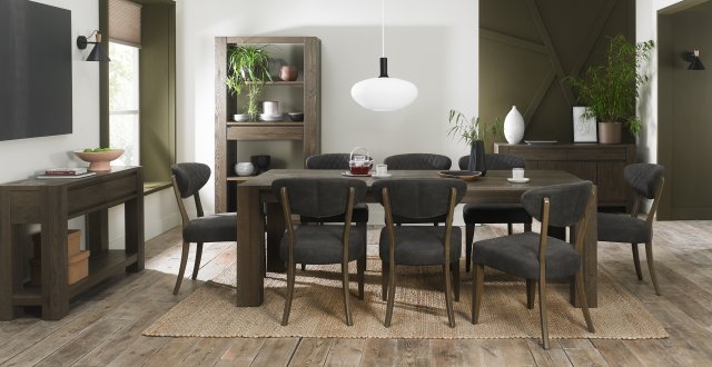 Bentley Designs Logan & Ellipse Fumed Oak 6-8 Seater Dining Set & 8 Uph Chairs- Dark Grey Fabric- feature