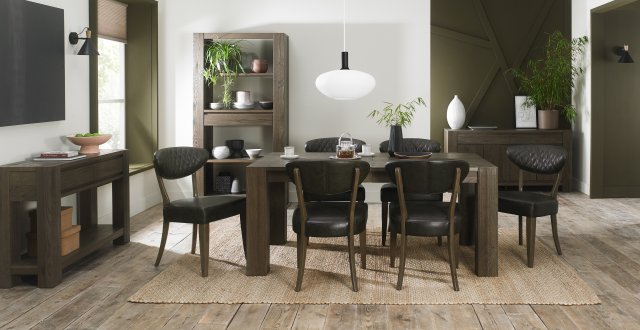 Bentley Designs Logan & Ellipse Fumed Oak 6-8 Seater Dining Set & 6 Uph Chairs- Old West Vintage- feature