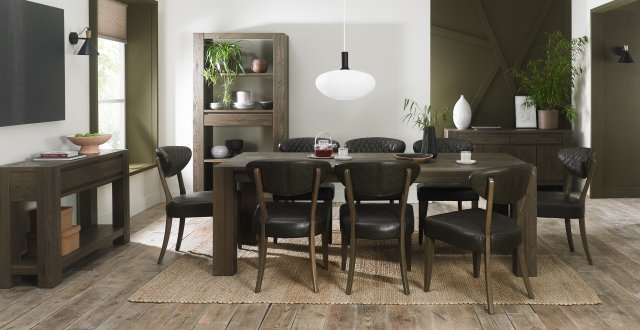 Bentley Designs Logan & Ellipse Fumed Oak 6-8 Seater Dining Set & 8 Uph Chairs- Old West Vintage- feature