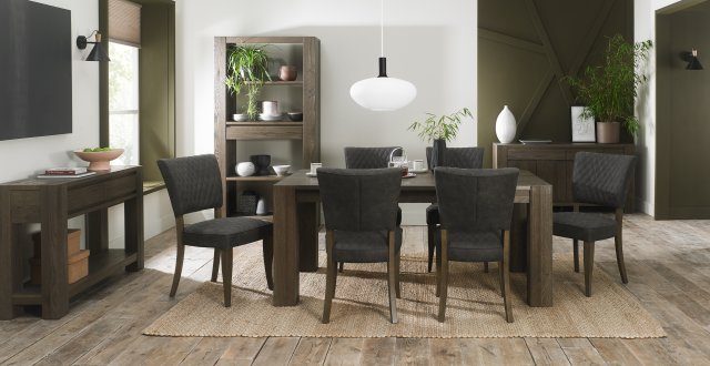 Bentley Designs Logan Fumed Oak 6 Seater Dining Set & 6 Uph Chairs- Dark Grey Fabric- feature