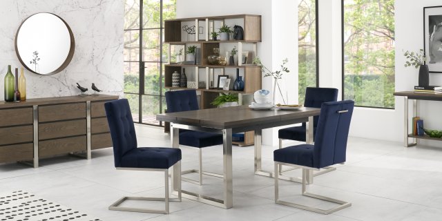 Bentley Designs Tivoli Dark Oak 4-6 Seater Dining Set & 4 Cantilever Chairs- Dark Blue Velvet Fabric- feature