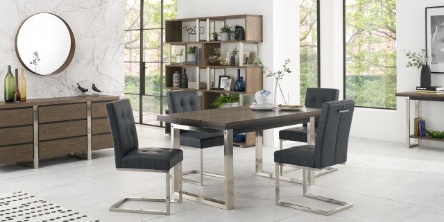 Bentley Designs Tivoli Dark Oak 4-6 Seater Dining Set & 4 Cantilever Chairs- Black Mottled Faux Leather- feature