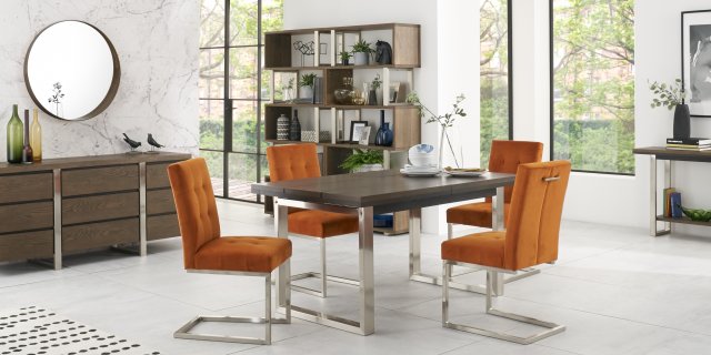 Bentley Designs Tivoli Dark Oak 4-6 Seater Dining Set & 4 Cantilever Chairs- Harvest Pumpkin Velvet Fabric- feature