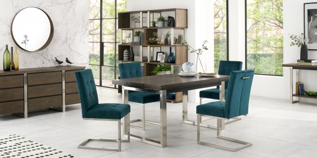 Bentley Designs Tivoli Dark Oak 4-6 Seater Dining Set & 4 Cantilever Chairs- Sea Green Velvet Fabric- feature