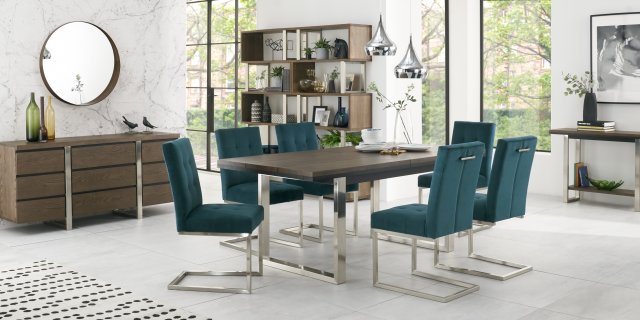 Bentley Designs Tivoli Dark Oak 6-8 Seater Dining Set & 6 Cantilever Chairs- Sea Green Velvet Fabric- feature