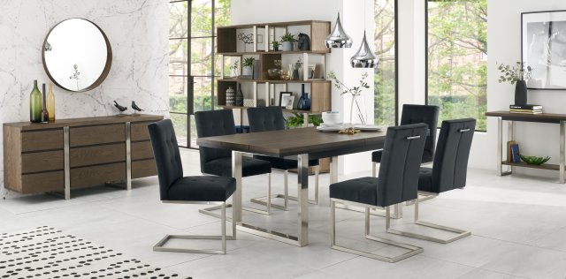 Bentley Designs Tivoli Dark Oak 6-8 Seater Dining Set & 6 Cantilever Chairs- Gun Metal Velvet Fabric- feature