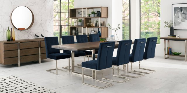 Bentley Designs Tivoli Dark Oak 6-10 Seater Dining Set & 8 Upholstered Cantilever Chairs in Dark Blue Velvet Fabric- feature
