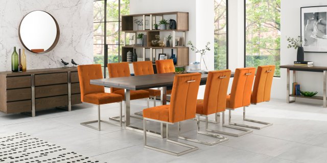 Bentley Designs Tivoli Dark Oak 6-10 Seater Dining Set & 8 Upholstered Cantilever Chairs in Harvest Pumpkin Velvet Fabric- fe