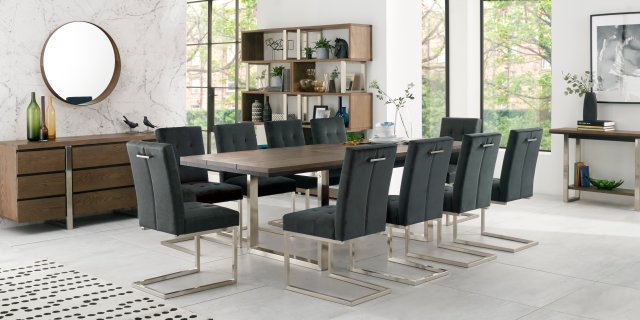 Bentley Designs Tivoli Dark Oak 6-10 Seater Dining Set & 10 Upholstered Cantilever Chairs in Gun Metal Velvet Fabric- feature