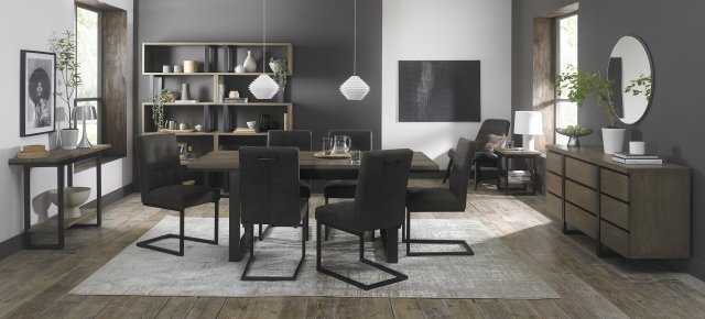 Bentley Designs Tivoli Weathered Oak 6-8 Seater Dining Set & 6 Indus Cantilever Chairs- Dark Grey Fabric- feature