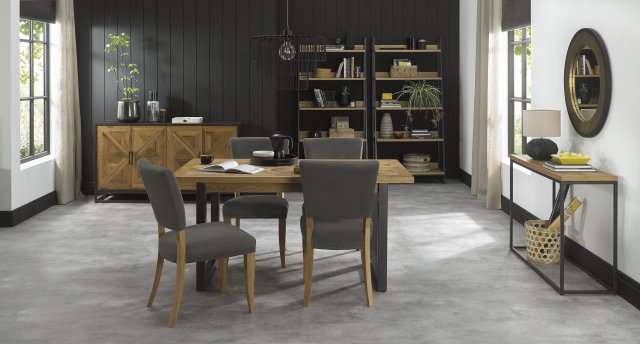 Bentley Designs Indus Rustic Oak 4-6 Seater Dining Set & 4 Upholstered Chairs in Dark Grey Fabric- feature