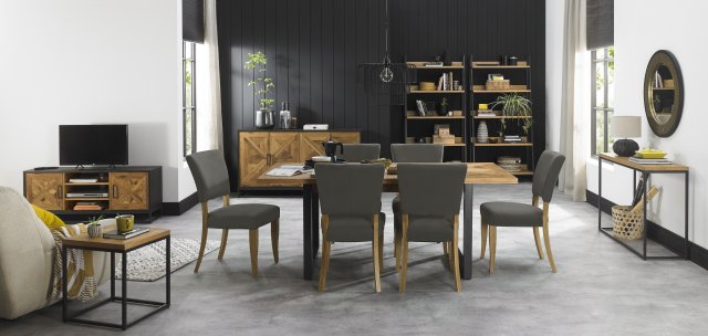 Bentley Designs Indus Rustic Oak 6-8 Seater Dining Set & 6 Upholstered Chairs in Dark Grey Fabric- feature