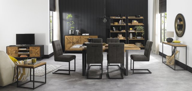 Bentley Designs Indus Rustic Oak 6-8 Seater Dining Set & 6 Upholstered Cantilever Chairs in Dark Grey Fabric- feature