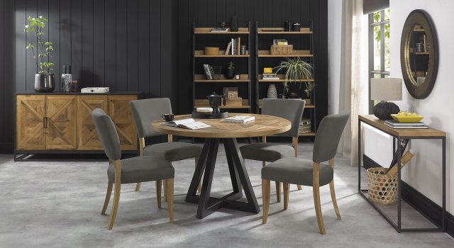 Bentley Designs Indus Rustic Oak 4 Seater Circular Dining Set & 4 Upholstered Chairs in Dark Grey Fabric- feature