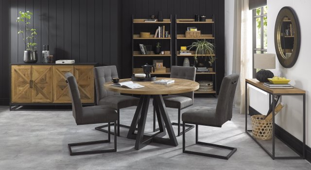 Bentley Designs Indus Rustic Oak 4 Seater Circular Dining Set & 4 Upholstered Cantilever Chairs in Dark Grey Fabric- feature