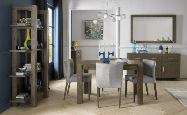 Bentley Designs Turin Dark Oak 4-6 Seater Dining Set & 4 Low Back Chairs Upholstered in Pebble Grey Fabric- feature