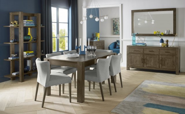 Bentley Designs Turin Dark Oak 6-8 Seater Dining Set & 6 Low Back Chairs Upholstered in Pebble Grey Fabric- feature