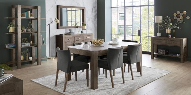 Bentley Designs Turin Dark Oak 6-10 Seater Dining Set & 6 Low Back Upholstered Chairs in Gun Metal Velvet Fabric- feature