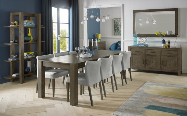 Bentley Designs Turin Dark Oak 6-10 Seater Dining Set & 8 Low Back Upholstered Chairs in Pebble Grey Fabric- feature