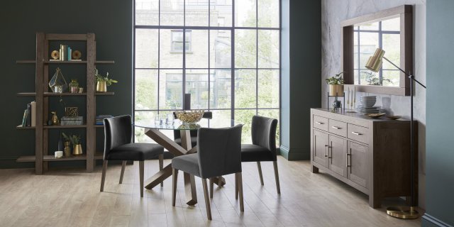 Bentley Designs Turin Dark Oak 4 Seater Glass Circular Dining Set & 4 Low Back Upholstered Chairs in Gun Metal Velvet Fabric-