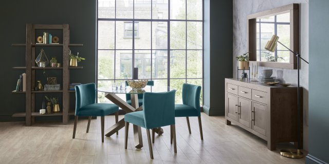Bentley Designs Turin Dark Oak 4 Seater Glass Circular Dining Set & 4 Low Back Upholstered Chairs in Sea Green Velvet Fabric-