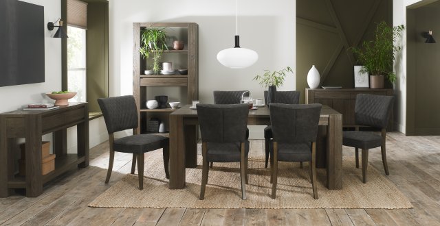 Bentley Designs Logan Fumed Oak 6-8 Seater Dining Set & 6 Upholstered Chairs in Dark Grey Fabric- feature