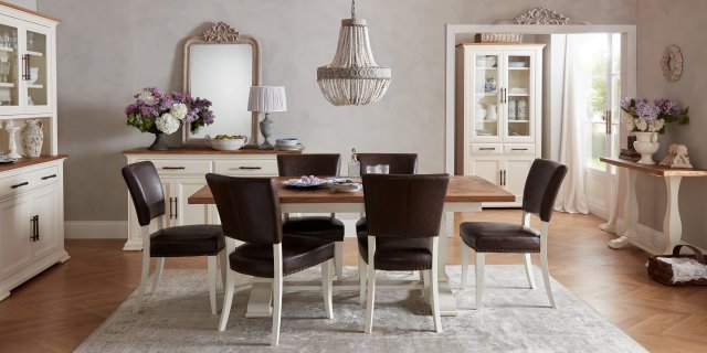 Bentley Designs Belgrave Two Tone 6-8 Seater Dining Set & 6 Upholstered Chairs in Rustic Espresso Faux Leather- feature