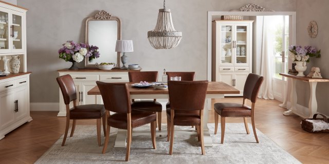 Bentley Designs Belgrave Two Tone 6-8 Seater Dining Set & 6 Rustic Oak Upholstered Chairs in Rustic Tan Faux Leather- feature