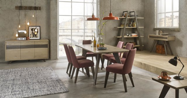 Bentley Designs Cadell Aged & Weathered Oak 6 Seater Dining Set & 6 Upholstered Chairs in Mulberry Fabric- feature