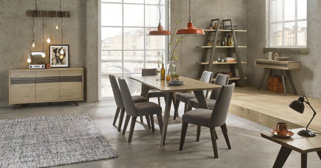 Bentley Designs Cadell Aged & Weathered Oak 6 Seater Dining Set & 6 Upholstered Chairs in Smoke Grey Fabric- feature