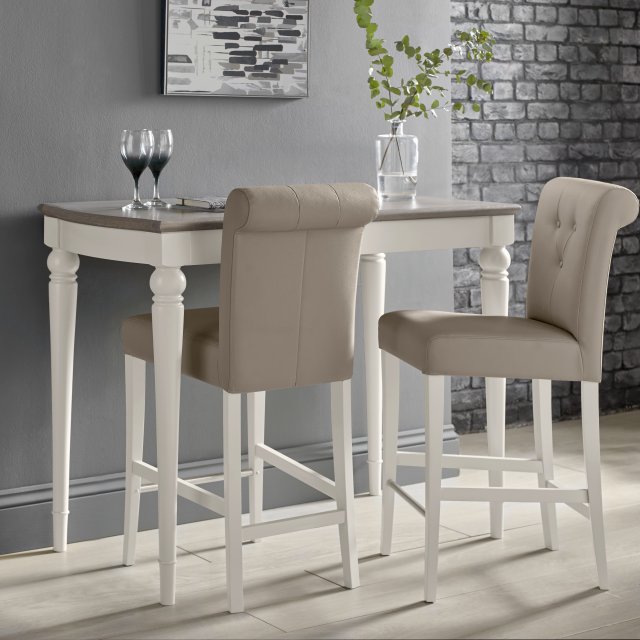 Bentley Designs Montreux Grey Washed Oak & Soft Grey Bar Table Set & 2 Upholstered Bar Stools in Grey Bonded Leather- feature