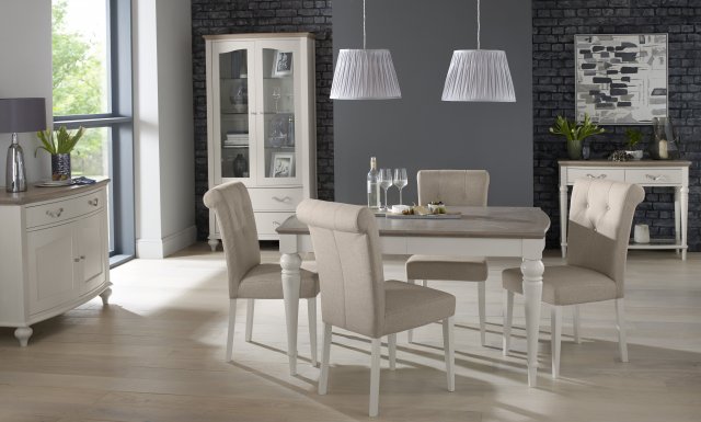 Bentley Designs Montreux Grey Washed Oak & Soft Grey 4-6 Seater Dining Set & 4 Upholstered Chairs in Pebble Grey Fabric- feat