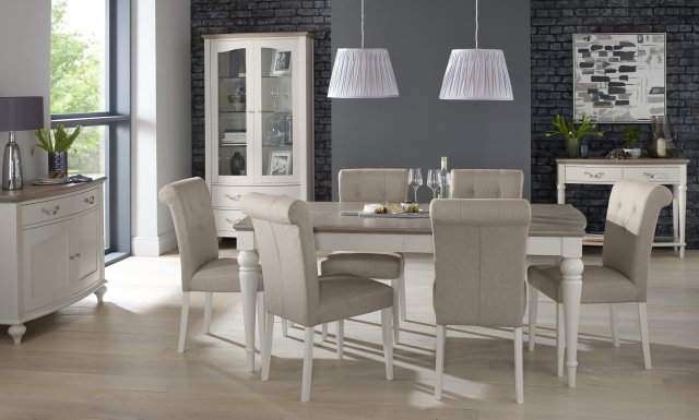 Bentley Designs Montreux Grey Washed Oak & Soft Grey 6-8 Seater Dining Set & 6 Upholstered Chairs in Pebble Grey Fabric- feat
