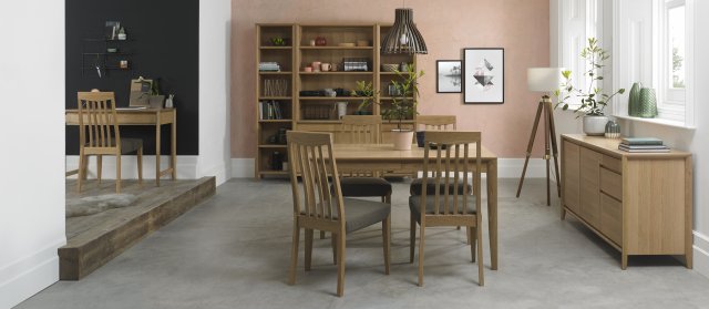 Bentley Designs Bergen Oak 4-6 Seater Dining Set & 4 Slat Back Chairs Upholstered in Black Gold Fabric- feature