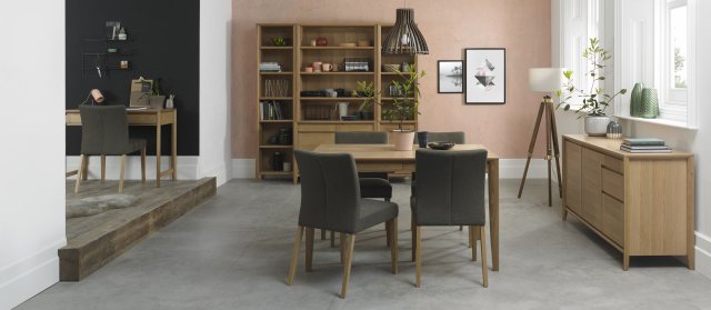 Bentley Designs Bergen Oak 4-6 Seater Dining Set & 4 Upholstered Chairs in Black Gold Fabric- feature