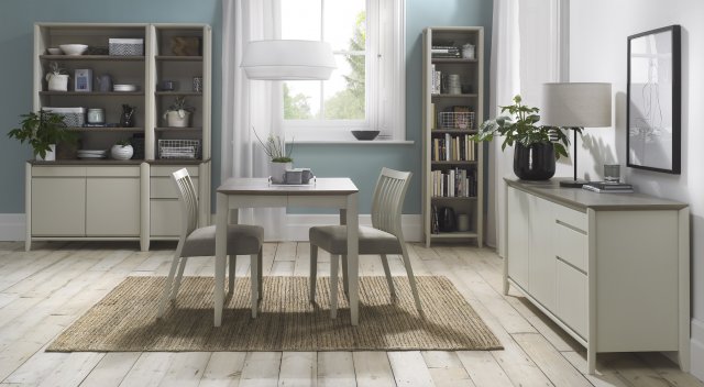 Bentley Designs Bergen Grey Washed Oak & Soft Grey 2-4 Seater Dining Set & 2 Low Slat Back Chairs Upholstered in Titanium Fab