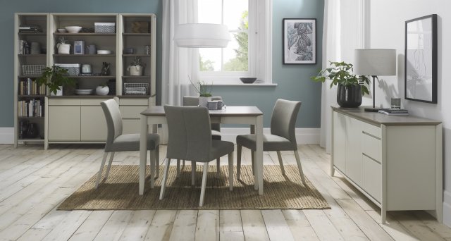 Bentley Designs Bergen Grey Washed Oak & Soft Grey 2-4 Seater Dining Set & 4 Upholstered Chairs in Titanium Fabric- feature