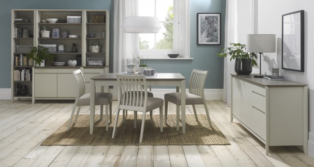 Bentley Designs Bergen Grey Washed Oak & Soft Grey 4-6 Seater Dining Set & 4 Low Slat Back Upholstered Chairs in Grey Bonded 