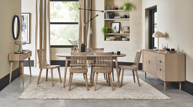 Bentley Designs Dansk Scandi Oak 6-8 Seater Dining Set & 6 Ilva Spindle Chairs in Scandi Oak- feature