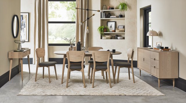 Bentley Designs Dansk Scandi Oak 6 Seater Dining Set & 6 Upholstered Veener Back Chairs in Cold Steel Fabric- feature