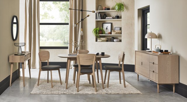 Bentley Designs Dansk Scandi Oak 4 Seater Dining Set & 4 Upholstered Veener Back Chairs in Cold Steel Fabric- feature