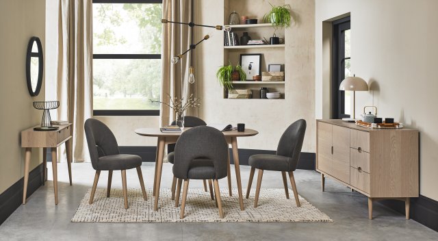 Bentley Designs Dansk Scandi Oak 4 Seater Dining Set & 4 Upholstered Chairs in Cold Steel Fabric- feature