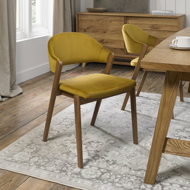 Signature Collection Camden Rustic Oak Upholstered Chair in a Mustard Velvet Fabric (Pair)